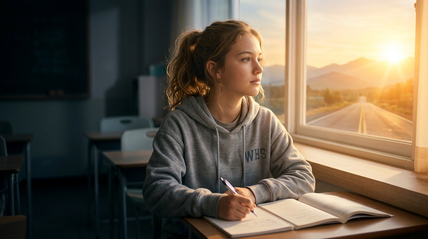 Un estudiante mirando pensativamente hacia el horizonte a través de una ventana
